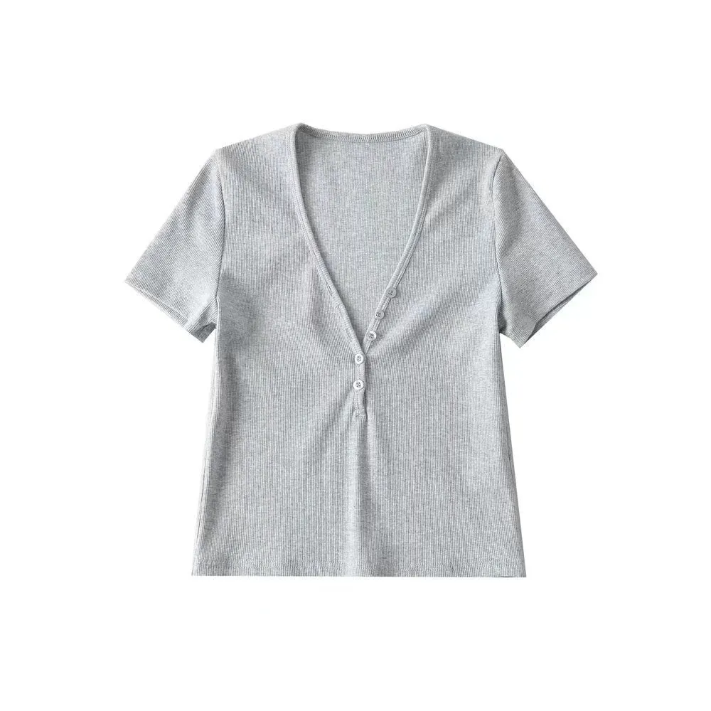 Button-Down Deep V Short-Sleeved Solid Color Slim-Fit Blouses Wholesale Women Tops