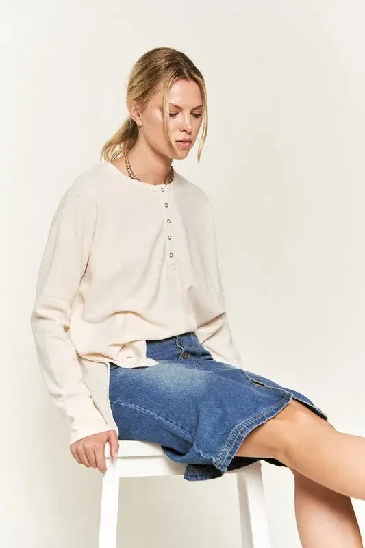 Button Down Side Slit Pullover Knit Top KRT1775