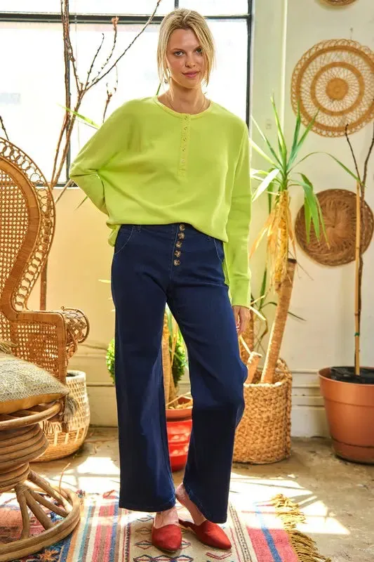 Button Down Side Slit Pullover Knit Top KRT1775