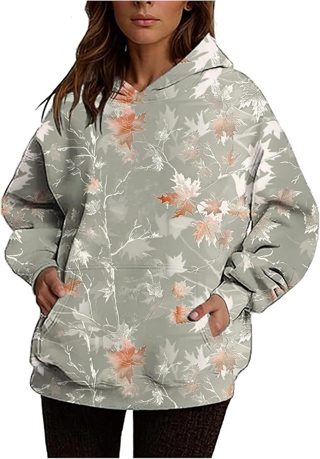 Camo Hoodie for Women Men Long Sleeve Maple Leaf Print Fleece Hoodies Oversized Hooded Sweatshirt Pullover with Pocket