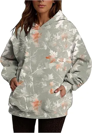 Camo Hoodie for Women Men Long Sleeve Maple Leaf Print Fleece Hoodies Oversized Hooded Sweatshirt Pullover with Pocket