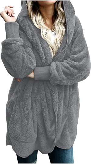 Cardigan for Women Winter Fashion Plus Size Long Fleece Jacket Casual Long Sleeve Open Front Coat Fuzzy Outerwear