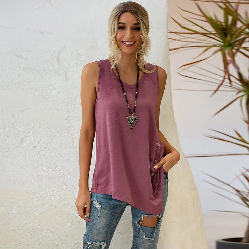 Casual Sleeveless Button Irregular T Shirt Summer 2020 Women Cotton Long Tees