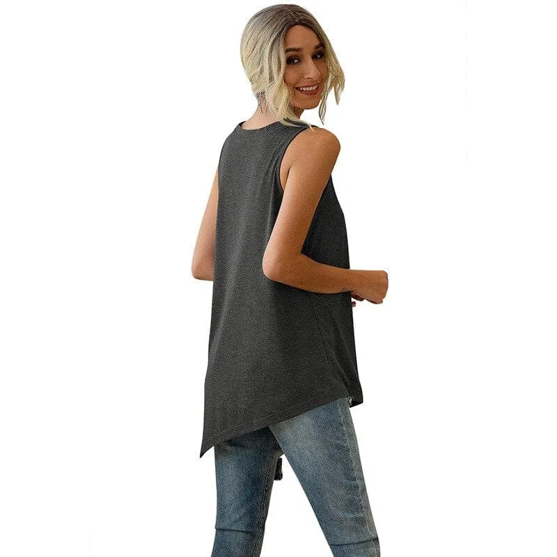 Casual Sleeveless Button Irregular T Shirt Summer 2020 Women Cotton Long Tees