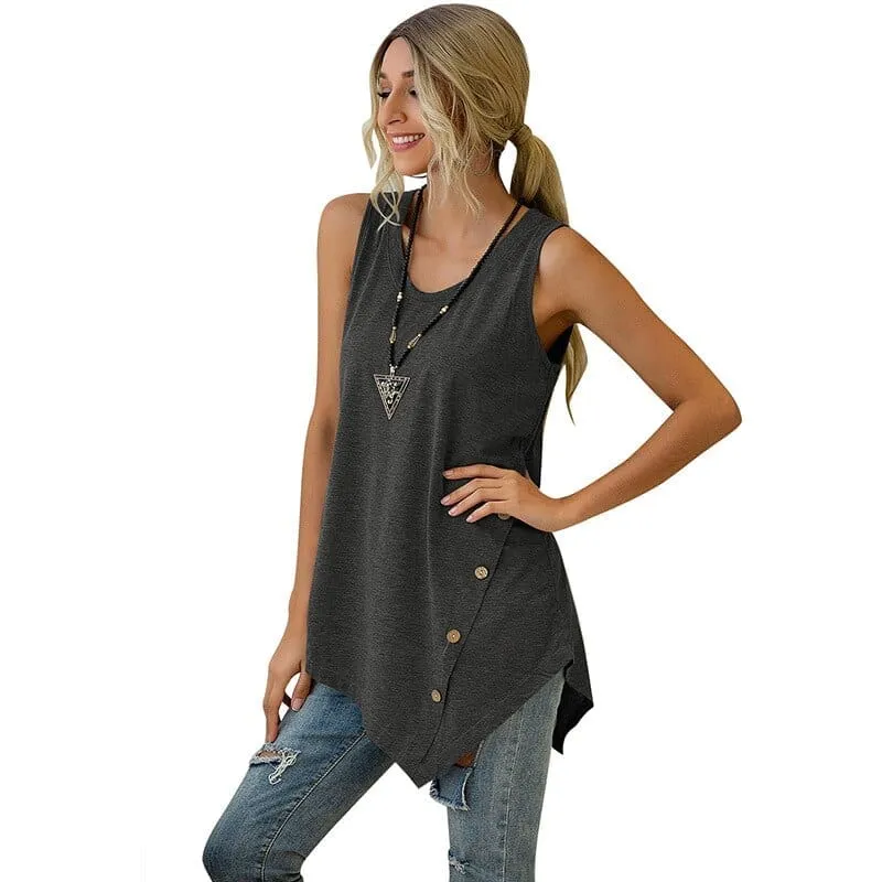 Casual Sleeveless Button Irregular T Shirt Summer 2020 Women Cotton Long Tees