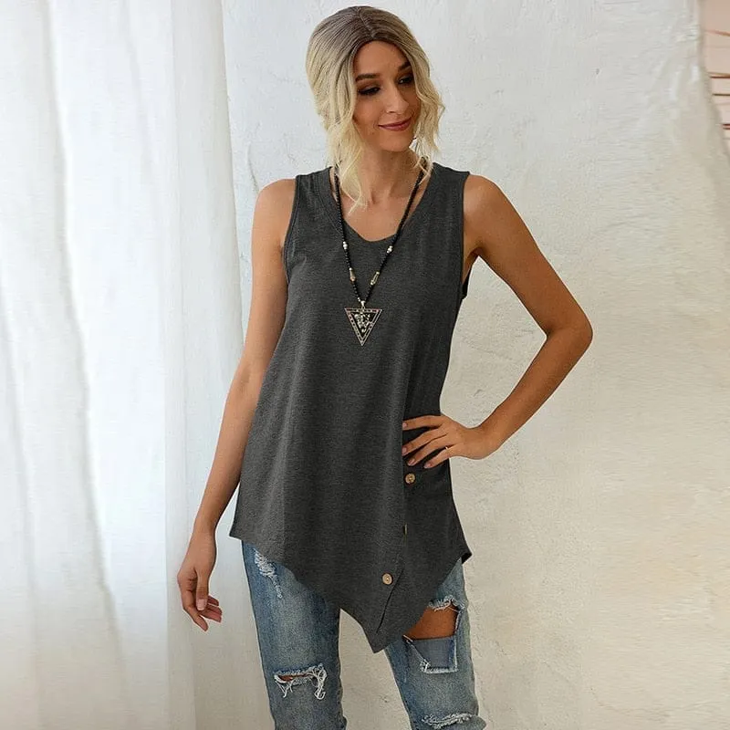 Casual Sleeveless Button Irregular T Shirt Summer 2020 Women Cotton Long Tees