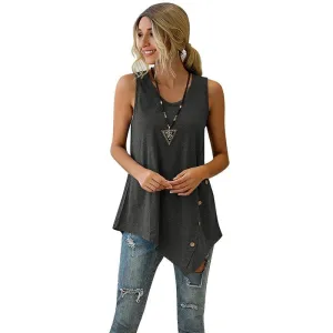 Casual Sleeveless Button Irregular T Shirt Summer 2020 Women Cotton Long Tees