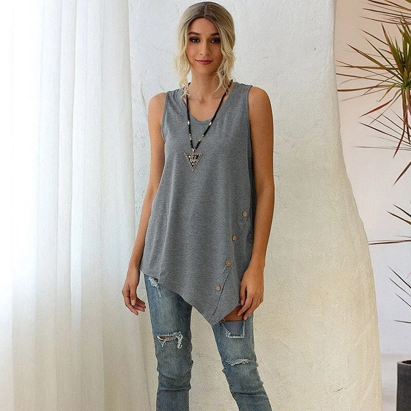Casual Sleeveless Button Irregular T Shirt Summer 2020 Women Cotton Long Tees