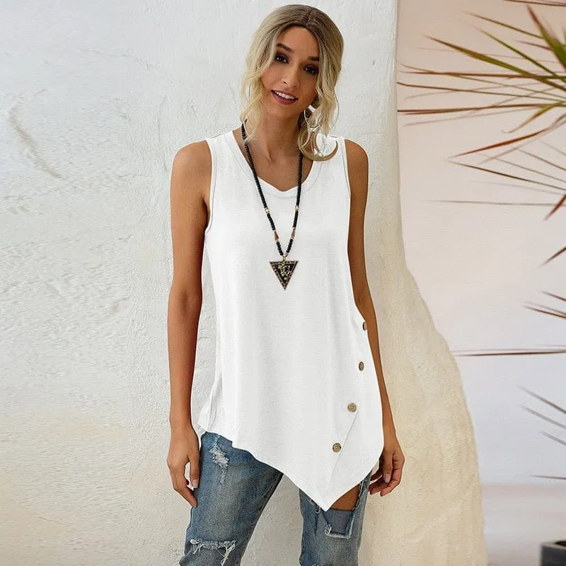 Casual Sleeveless Button Irregular T Shirt Summer 2020 Women Cotton Long Tees