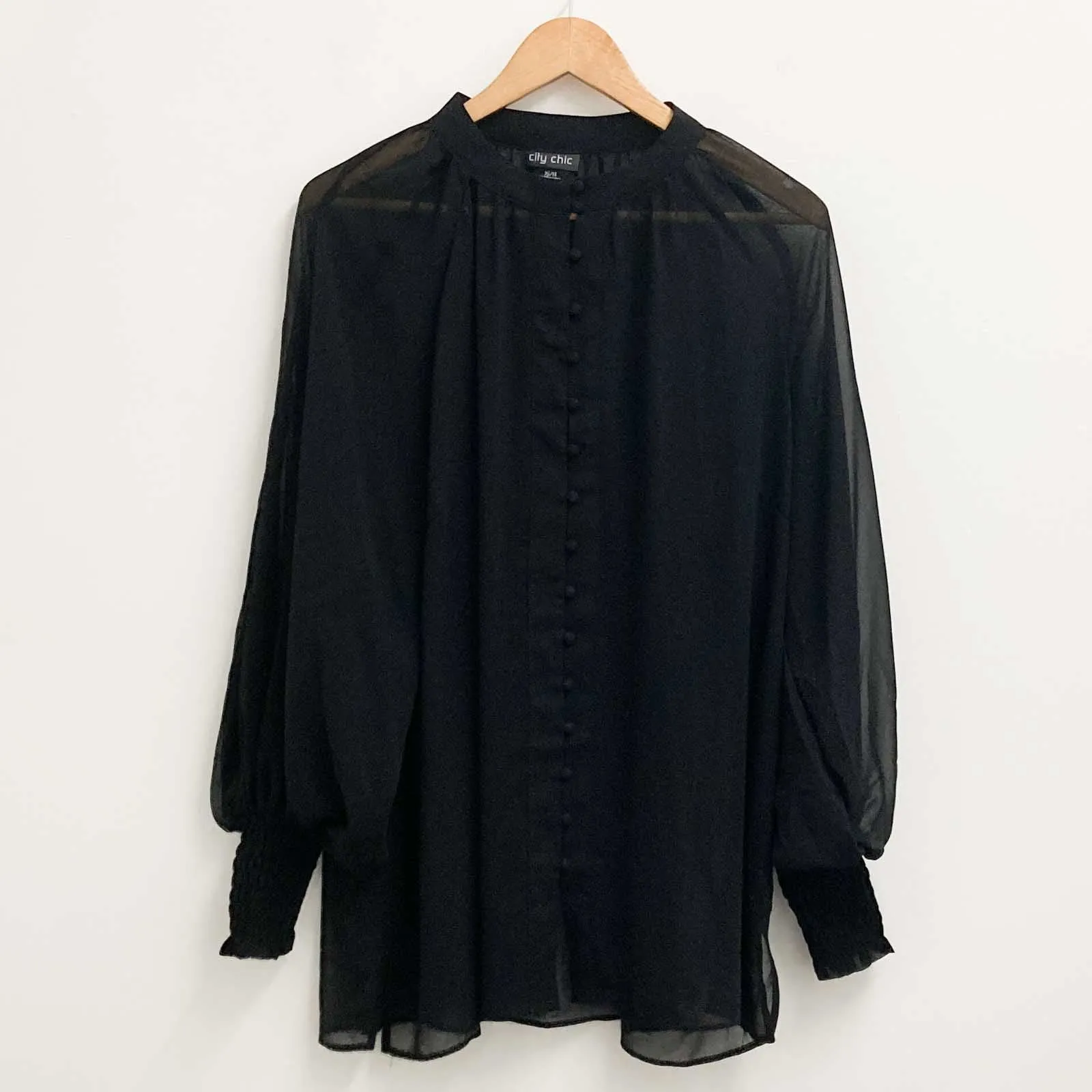 City Chic Black Sheer Long Sleeve Button Down Top UK 14