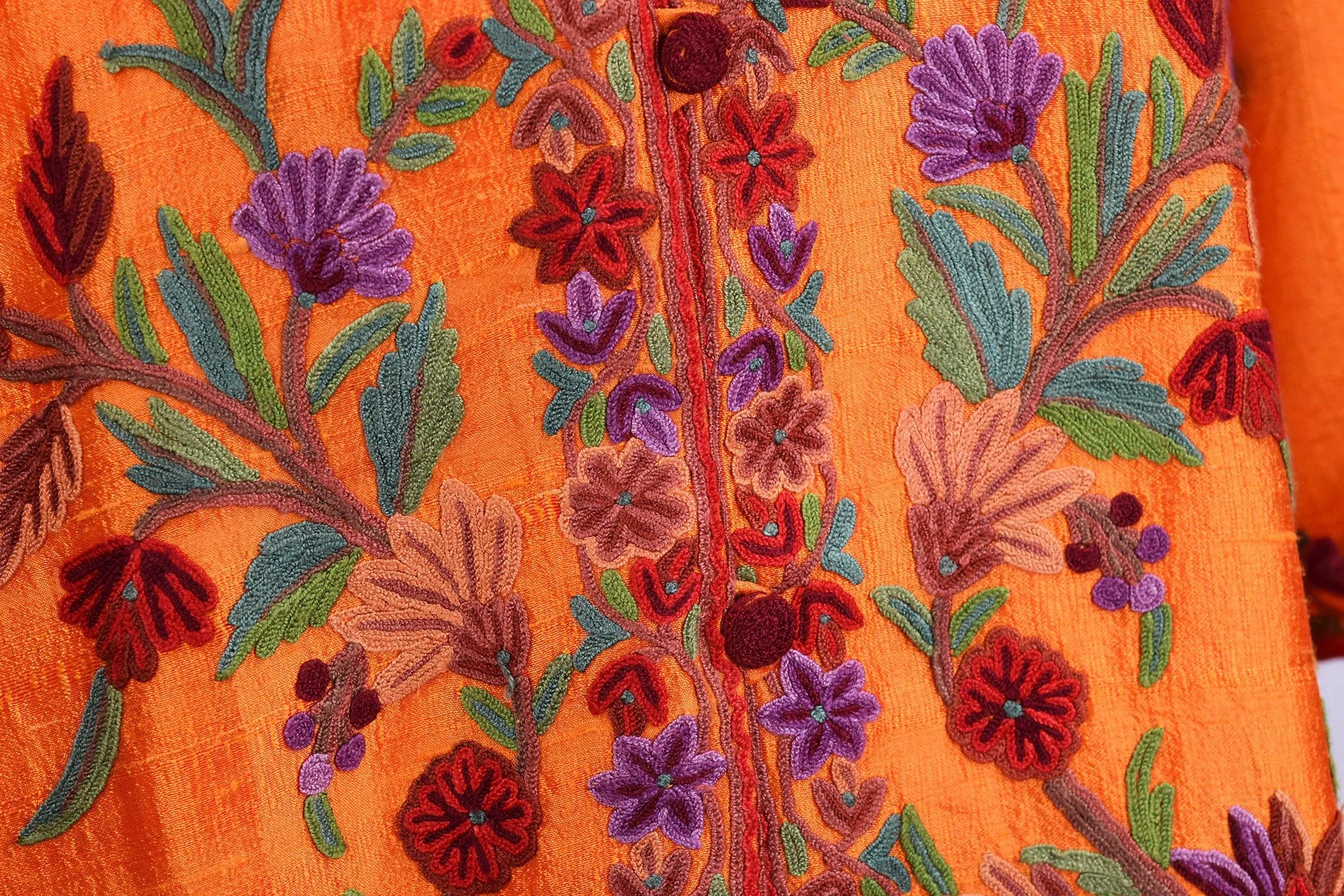 Clio Silk Jacket Dinner Floral Evening Dress Coat Hand Embroidered Kashmir
