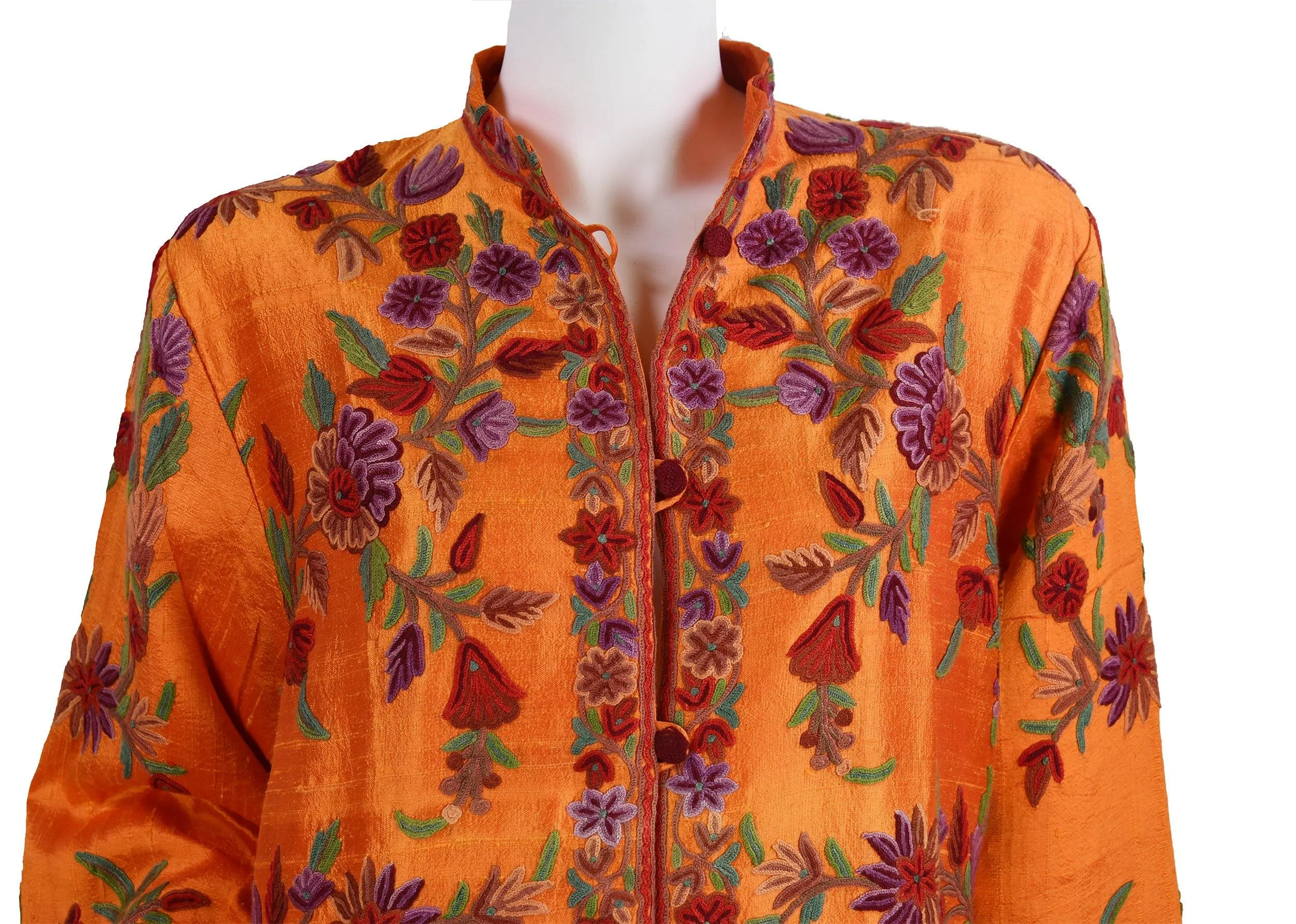 Clio Silk Jacket Dinner Floral Evening Dress Coat Hand Embroidered Kashmir