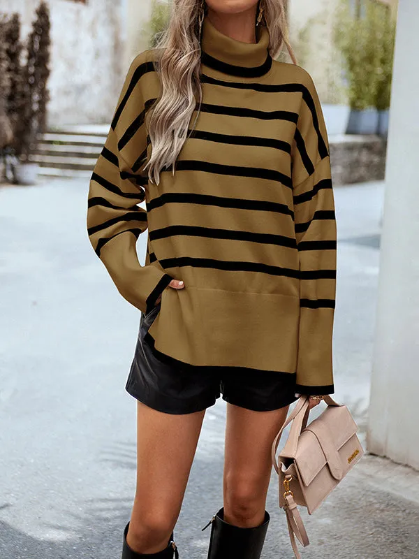Contrast Color Split-Side Striped Long Sleeves Loose High Neck Sweater Tops Pullovers