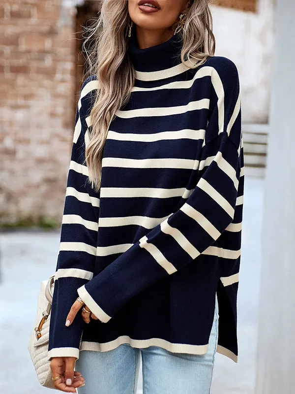 Contrast Color Split-Side Striped Long Sleeves Loose High Neck Sweater Tops Pullovers
