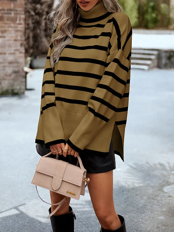 Contrast Color Split-Side Striped Long Sleeves Loose High Neck Sweater Tops Pullovers