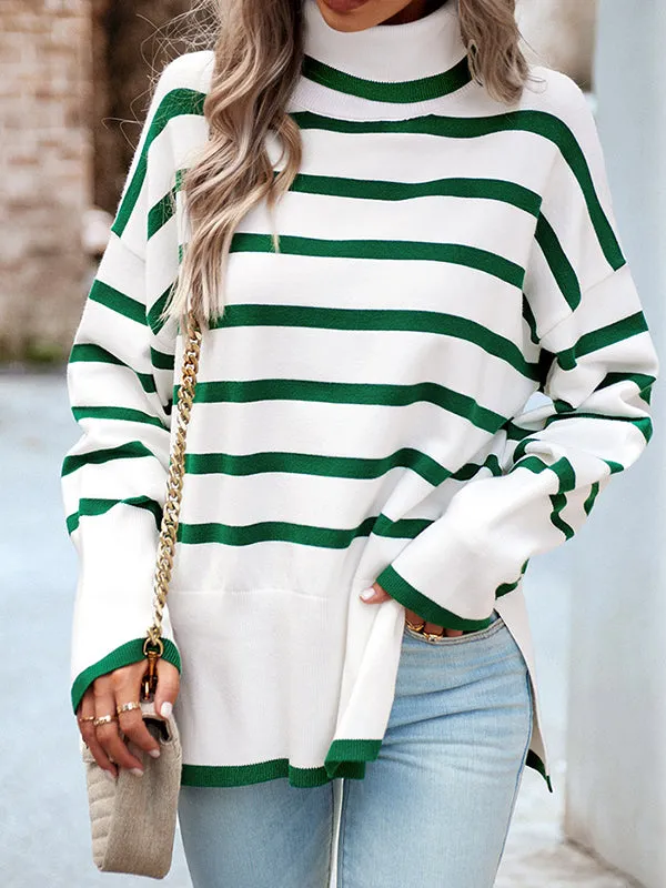 Contrast Color Split-Side Striped Long Sleeves Loose High Neck Sweater Tops Pullovers
