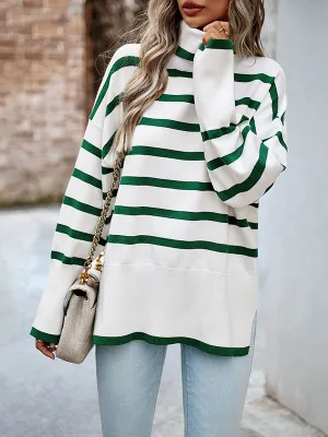 Contrast Color Split-Side Striped Long Sleeves Loose High Neck Sweater Tops Pullovers