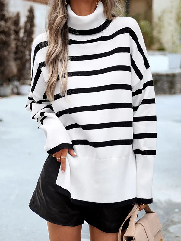 Contrast Color Split-Side Striped Long Sleeves Loose High Neck Sweater Tops Pullovers