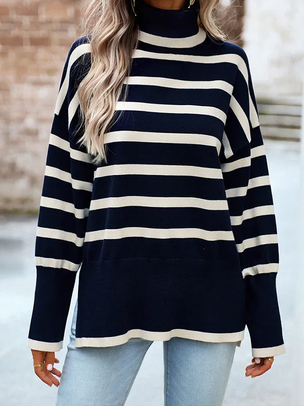 Contrast Color Split-Side Striped Long Sleeves Loose High Neck Sweater Tops Pullovers