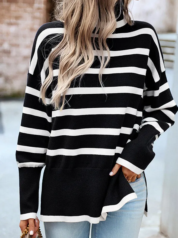 Contrast Color Split-Side Striped Long Sleeves Loose High Neck Sweater Tops Pullovers