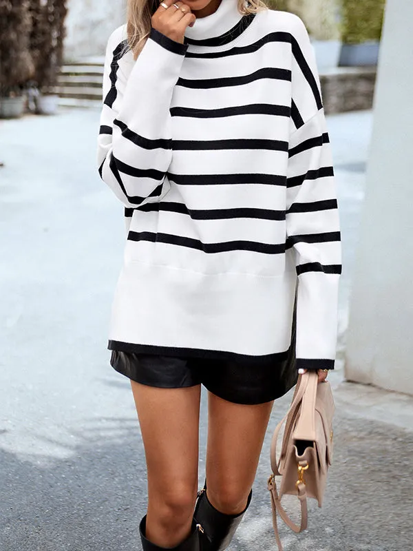 Contrast Color Split-Side Striped Long Sleeves Loose High Neck Sweater Tops Pullovers