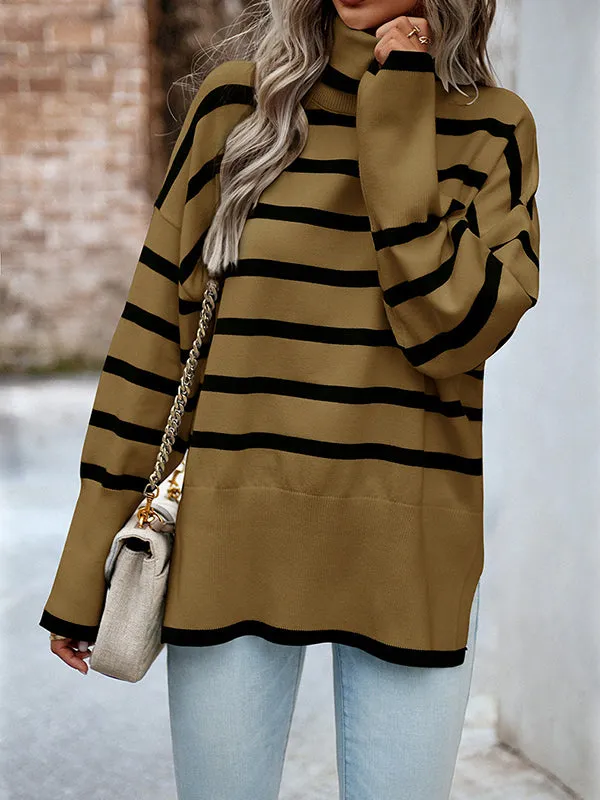 Contrast Color Split-Side Striped Long Sleeves Loose High Neck Sweater Tops Pullovers
