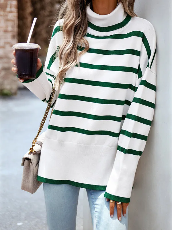 Contrast Color Split-Side Striped Long Sleeves Loose High Neck Sweater Tops Pullovers