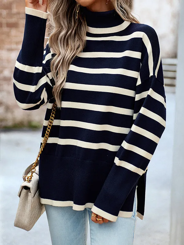 Contrast Color Split-Side Striped Long Sleeves Loose High Neck Sweater Tops Pullovers