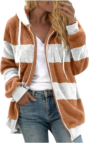 COTECRAM Winter Coats for Women 2023 Casual Plus Size Fleece Jacket Color Block Zip Up Hoodies Coat Outwear with Pockets