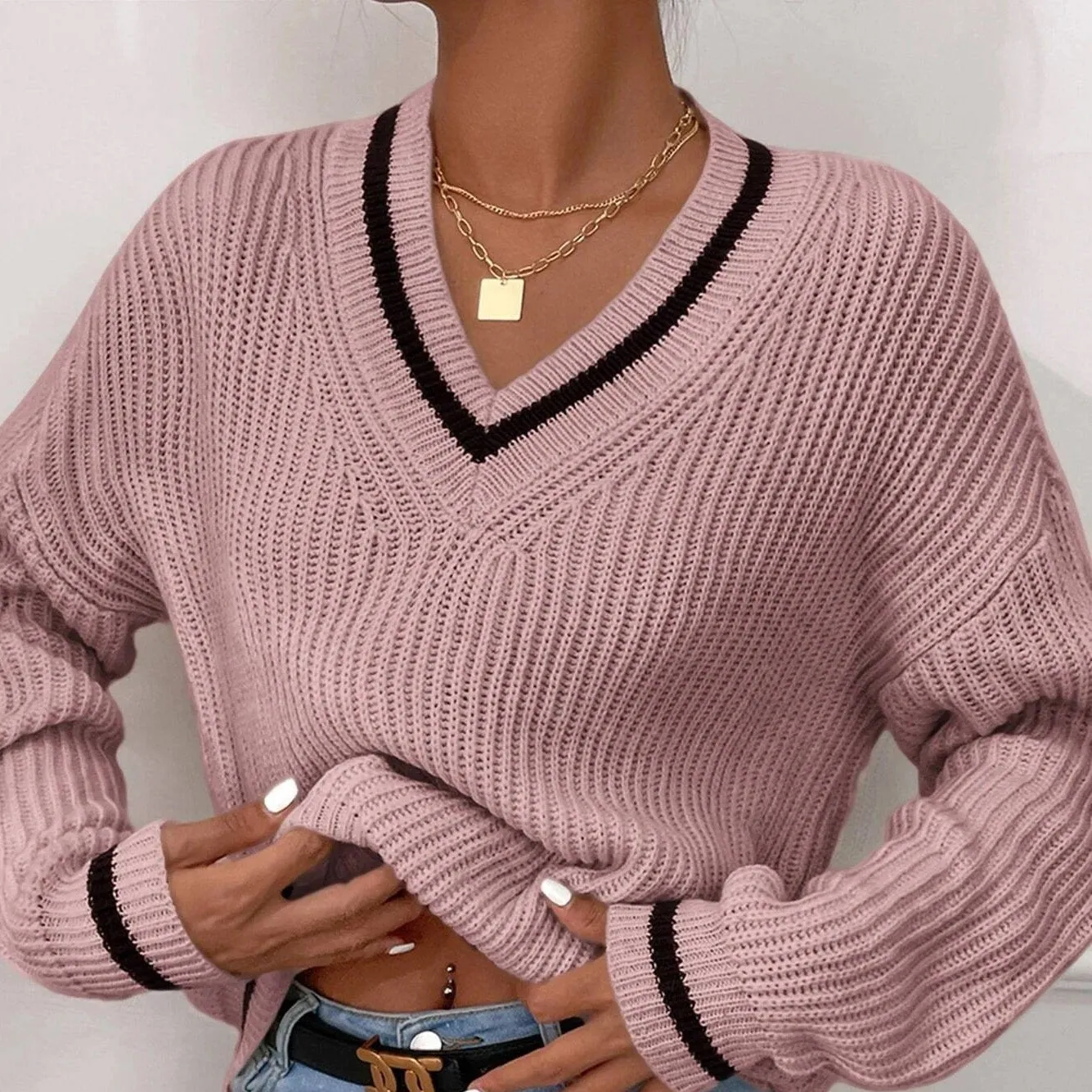 Cozy Winter Cable Knit V-Neck Preppy Sweater
