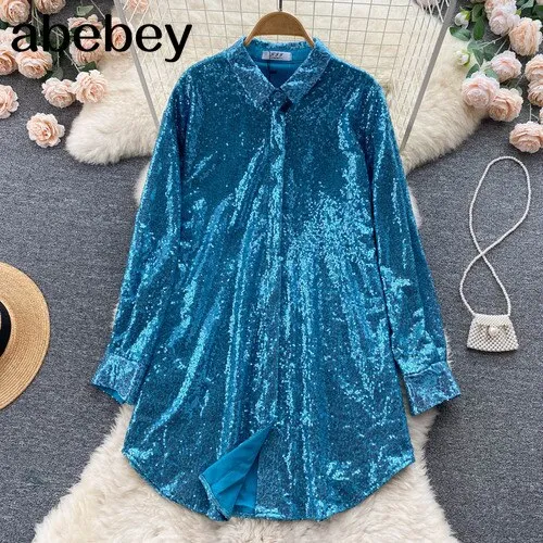 deanwangkt Blouse Shirts Long Sleeve Top Button Up Shirt Y2K Vintage Women Clothing Club Party Glitter Top Female Collared Shirt