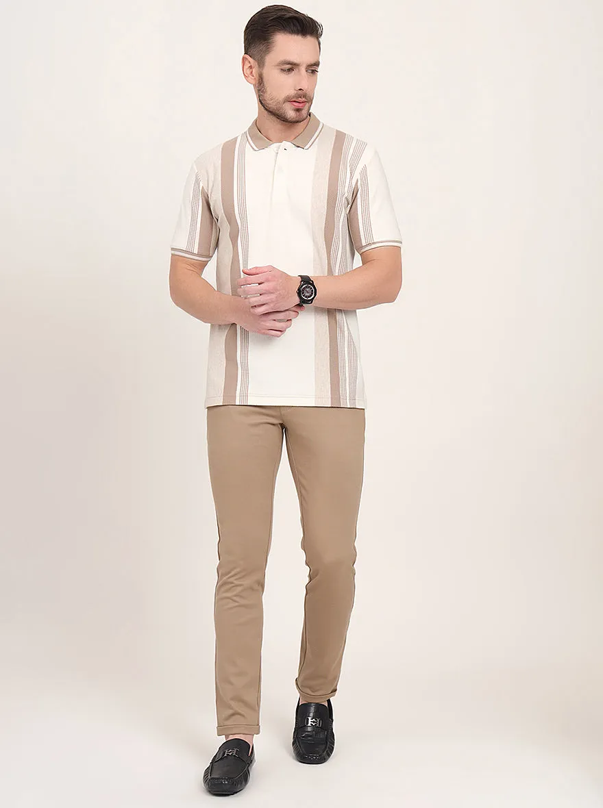 Ecru Melange & Beige Striped Slim Fit Polo T-Shirt | JadeBlue