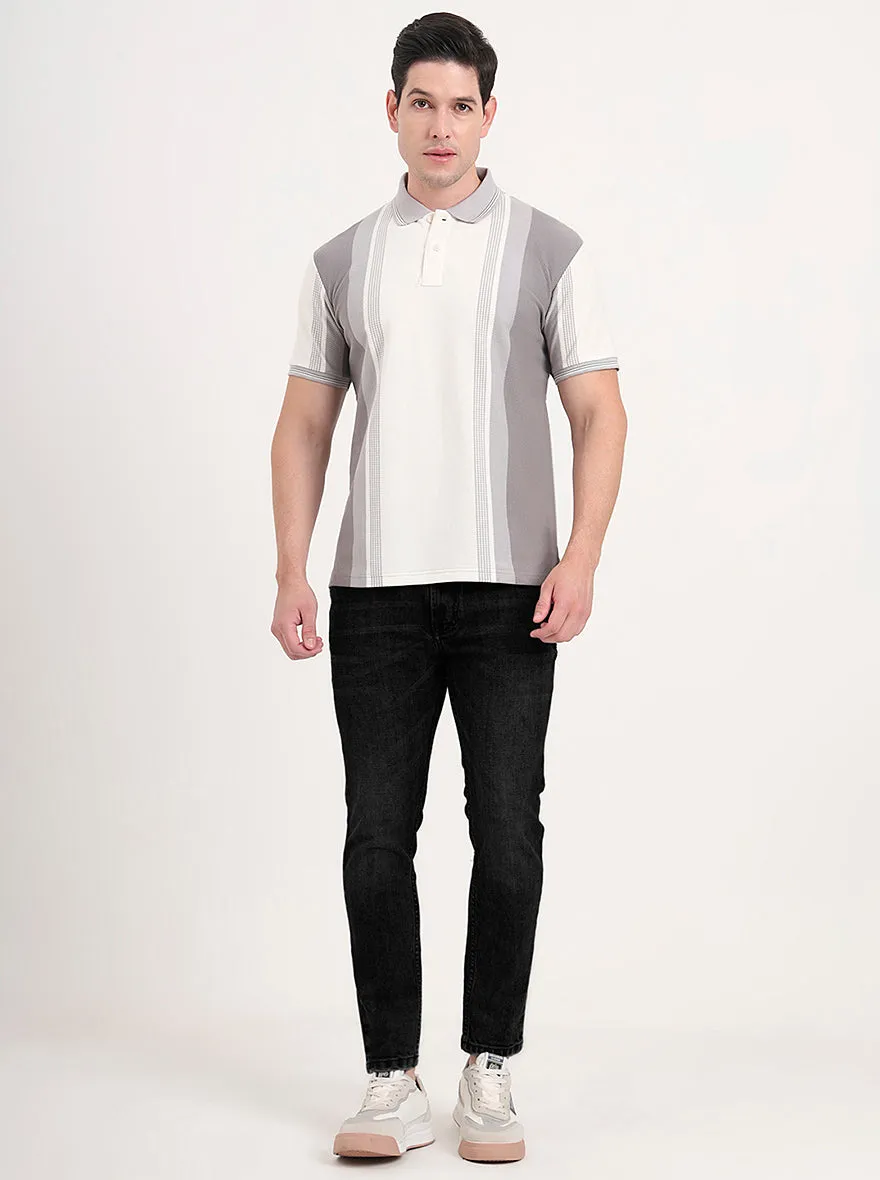 Ecru Melange & Grey Striped Slim Fit Polo T-Shirt | JadeBlue
