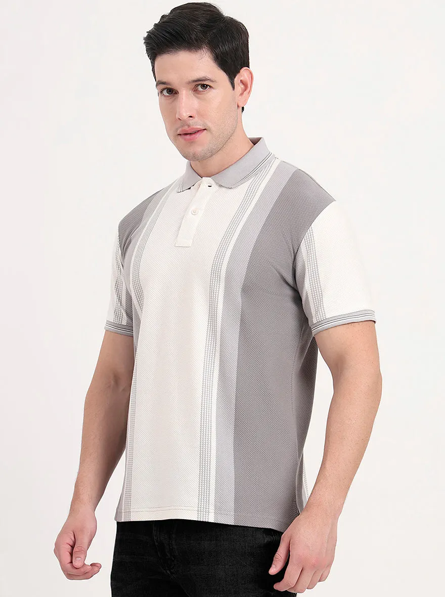 Ecru Melange & Grey Striped Slim Fit Polo T-Shirt | JadeBlue