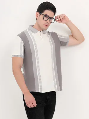 Ecru Melange & Grey Striped Slim Fit Polo T-Shirt | JadeBlue