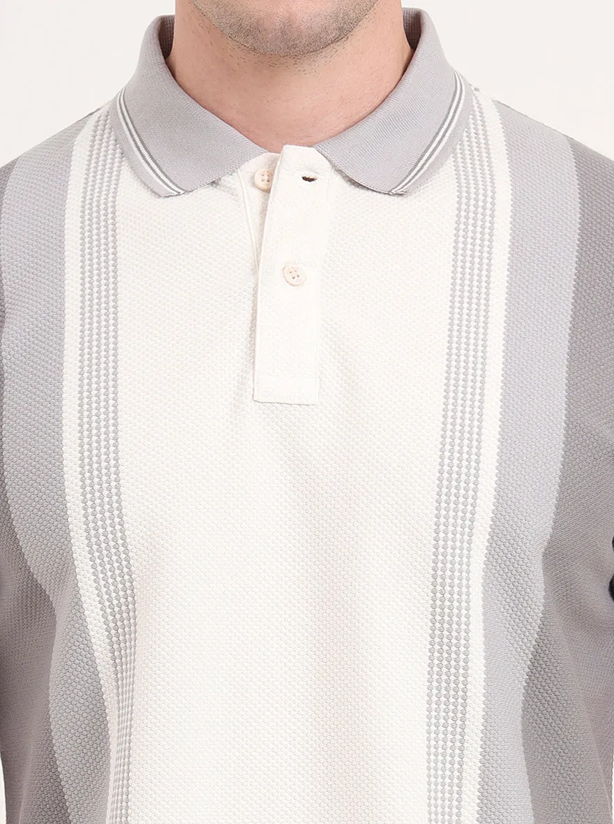 Ecru Melange & Grey Striped Slim Fit Polo T-Shirt | JadeBlue