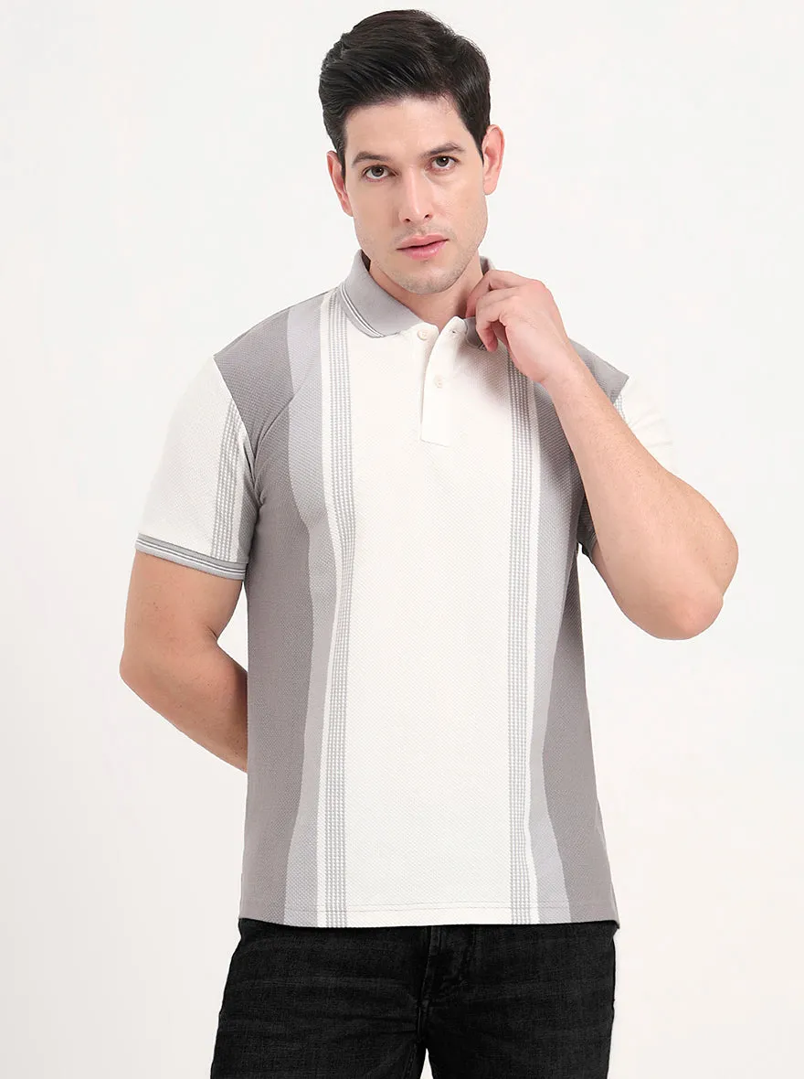 Ecru Melange & Grey Striped Slim Fit Polo T-Shirt | JadeBlue