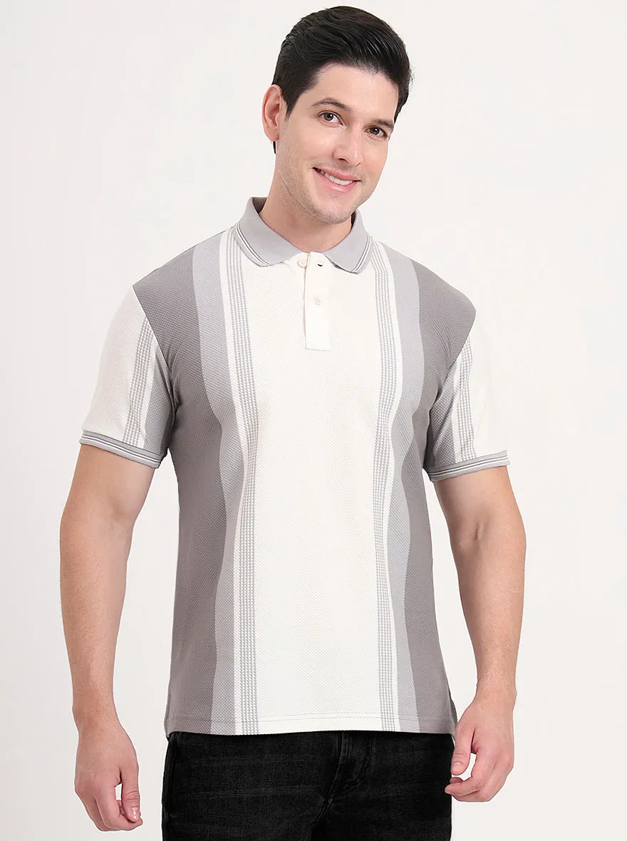 Ecru Melange & Grey Striped Slim Fit Polo T-Shirt | JadeBlue