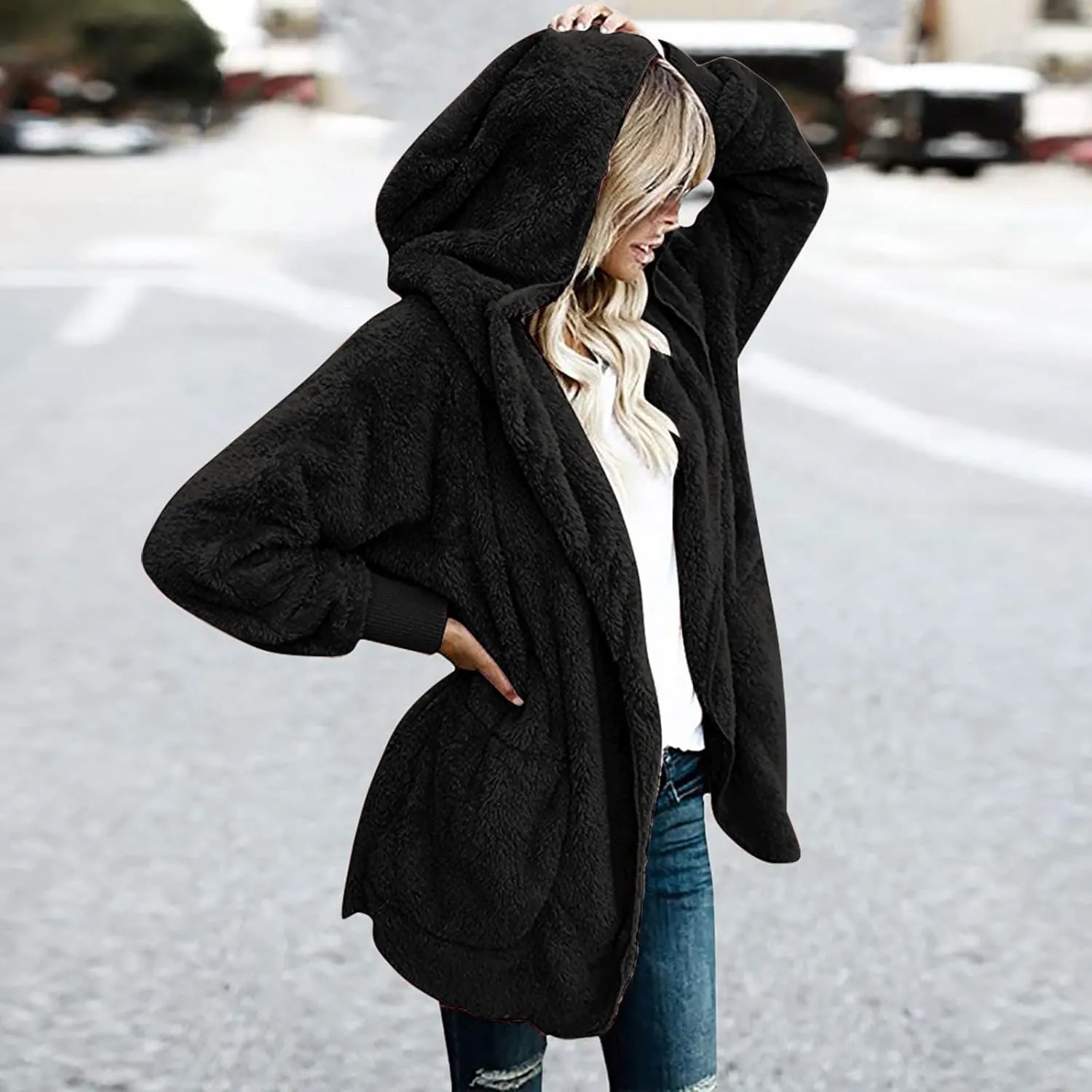 fartey Womens Oversized Fleece Jackets Zip Up Long Sleeve Hoodies Comfy Soft Fuzzy Sherpa Coats Outerwear with Pockets