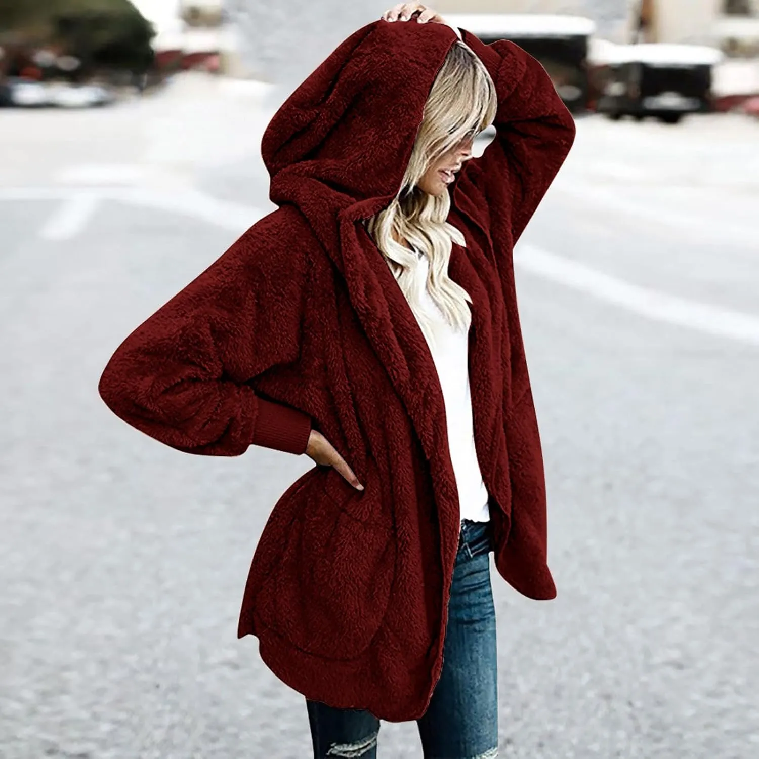 fartey Womens Oversized Fleece Jackets Zip Up Long Sleeve Hoodies Comfy Soft Fuzzy Sherpa Coats Outerwear with Pockets