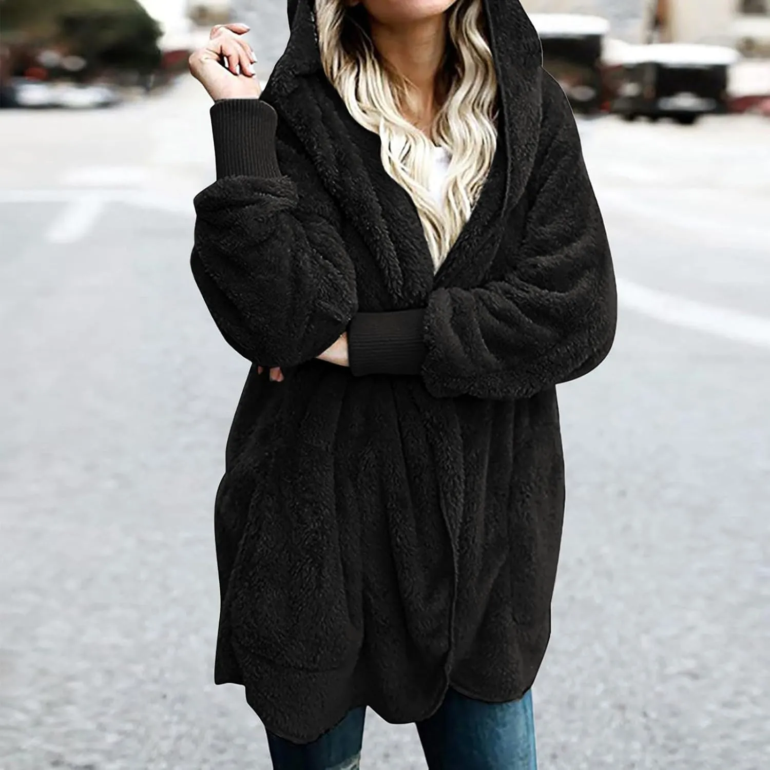 fartey Womens Oversized Fleece Jackets Zip Up Long Sleeve Hoodies Comfy Soft Fuzzy Sherpa Coats Outerwear with Pockets