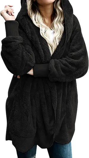 fartey Womens Oversized Fleece Jackets Zip Up Long Sleeve Hoodies Comfy Soft Fuzzy Sherpa Coats Outerwear with Pockets