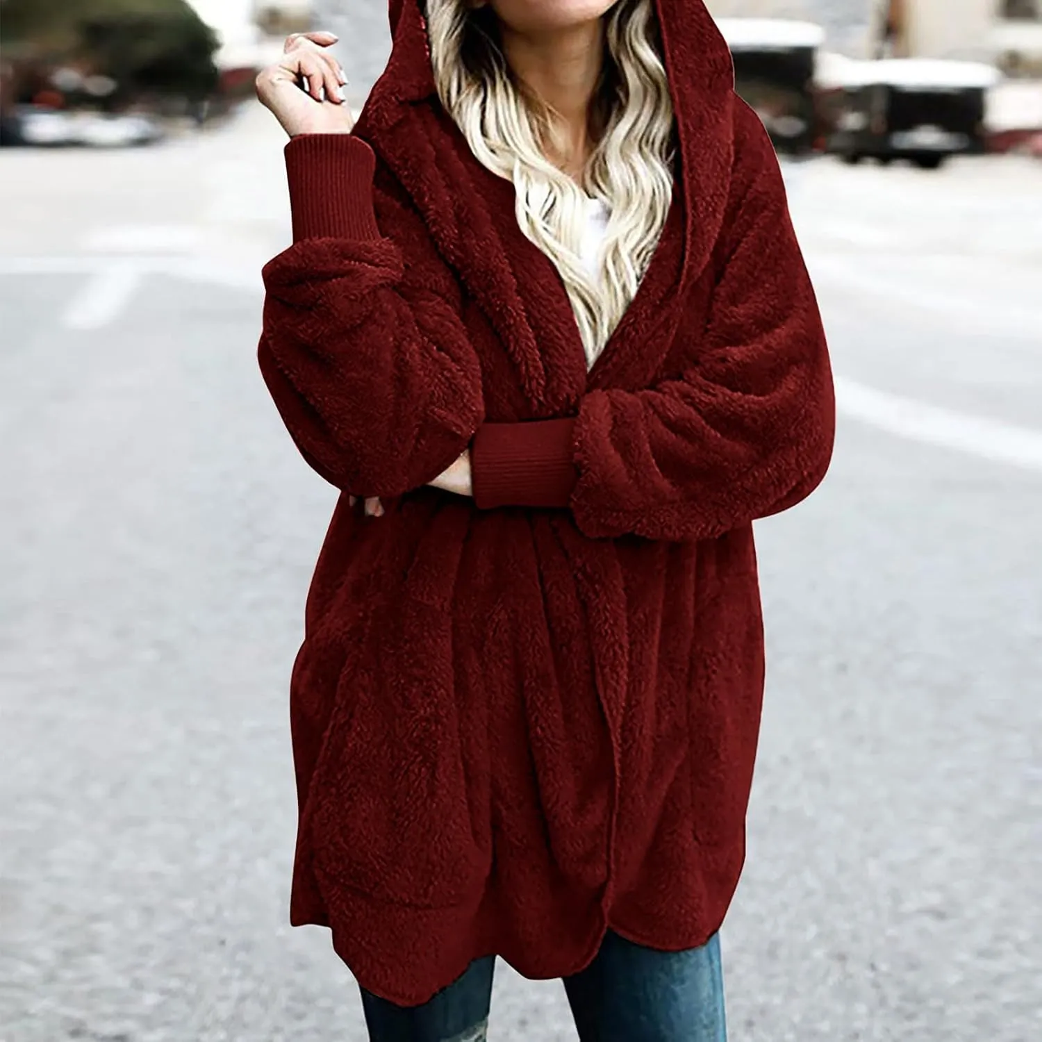 fartey Womens Oversized Fleece Jackets Zip Up Long Sleeve Hoodies Comfy Soft Fuzzy Sherpa Coats Outerwear with Pockets