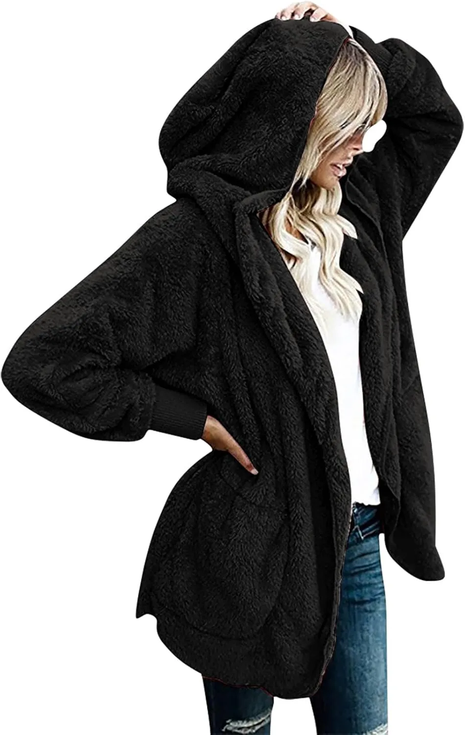 fartey Womens Oversized Fleece Jackets Zip Up Long Sleeve Hoodies Comfy Soft Fuzzy Sherpa Coats Outerwear with Pockets