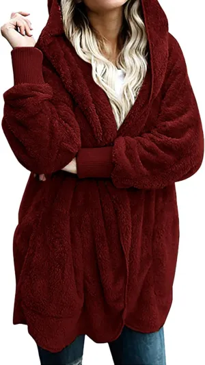 fartey Womens Oversized Fleece Jackets Zip Up Long Sleeve Hoodies Comfy Soft Fuzzy Sherpa Coats Outerwear with Pockets