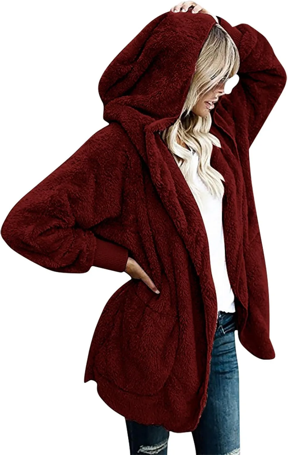 fartey Womens Oversized Fleece Jackets Zip Up Long Sleeve Hoodies Comfy Soft Fuzzy Sherpa Coats Outerwear with Pockets