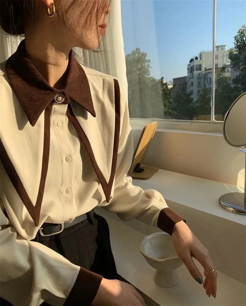 FashionSierra - Sharp Ruffle Turn Down Collar Blouse Women Tops Korean Fashion Clothing