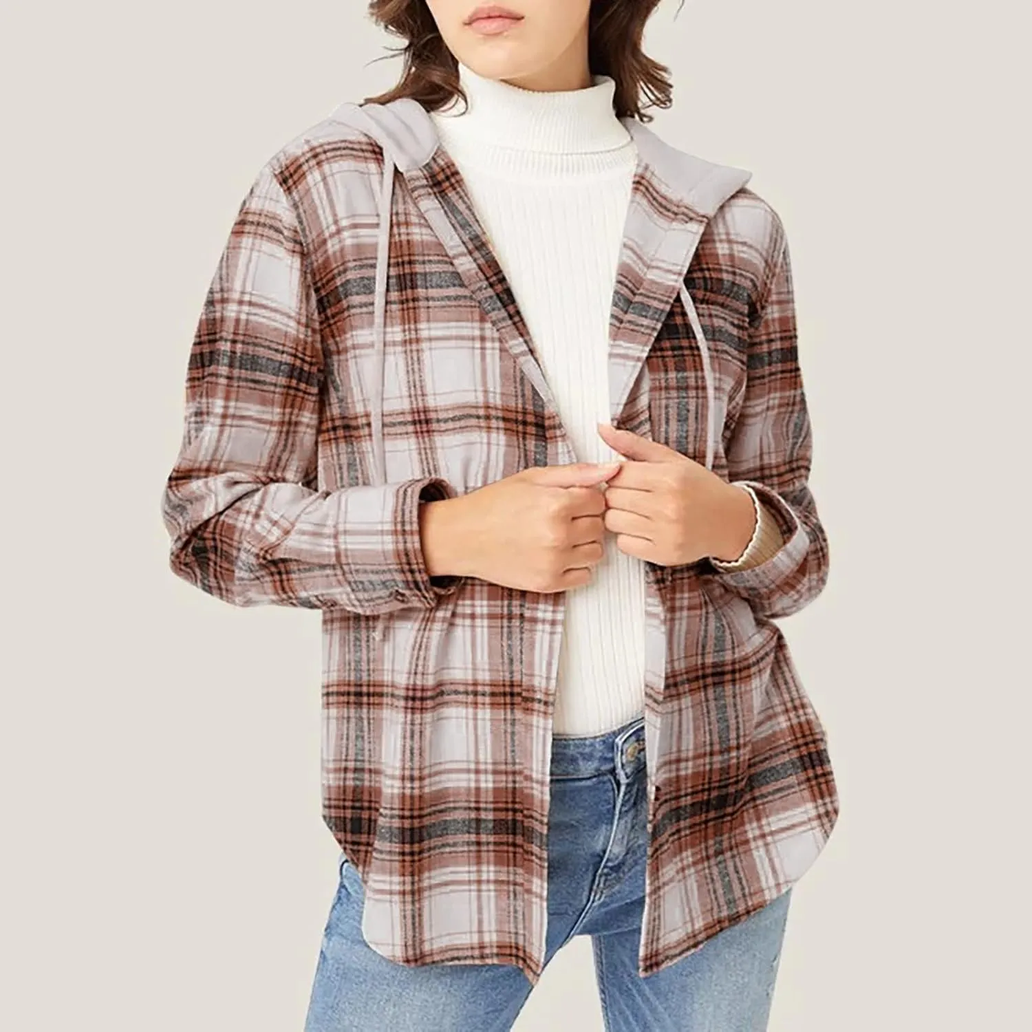 Flannel Hoodies For Women Fall Fashion 2023 Lightweight Shacket Jackets Casual Long Sleeve Button Fown Plaid Shirts