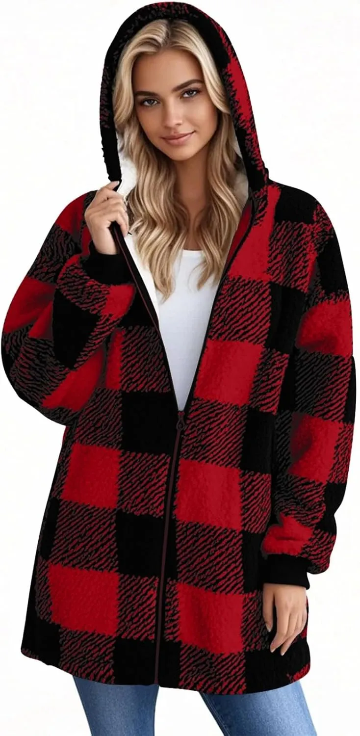 Flannel Plaid Shacket Women Plus Size Zip Up Hooded Jacket Casual Long Sleeve Sherpa Winter Coats with Pocket
