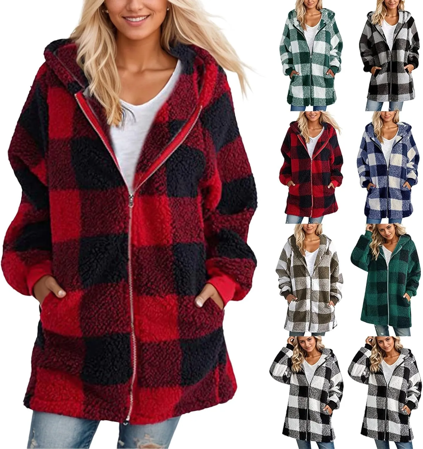 Flannel Plaid Shacket Women Plus Size Zip Up Hooded Jacket Casual Long Sleeve Sherpa Winter Coats with Pocket